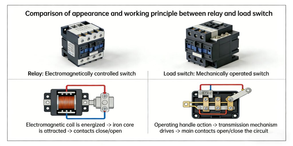 comparison of appearance and working principle between relay and load switch