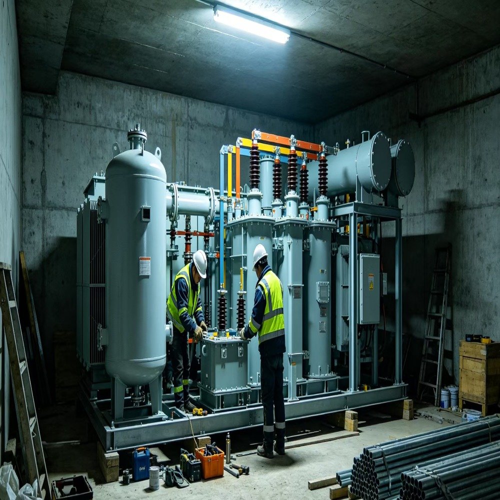 high voltage gas insulated switchgear (gis) being commissioned by technicians