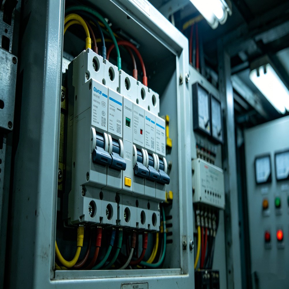 medium voltage relay and load switch in industrial switchgear cabinet