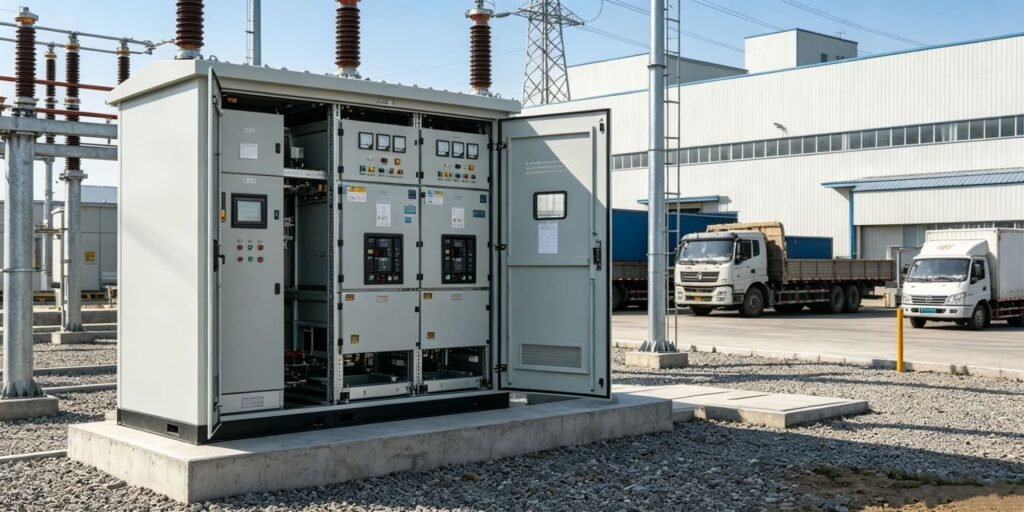 Open-door view of air insulated switchgear (AIS) panel in outdoor substation, showing circuit breakers, control meters, and components for medium voltage power distribution
