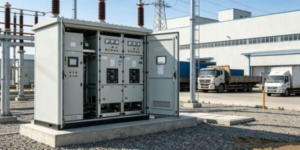 Open-door view of air insulated switchgear (AIS) panel in outdoor substation, showing circuit breakers, control meters, and components for medium voltage power distribution