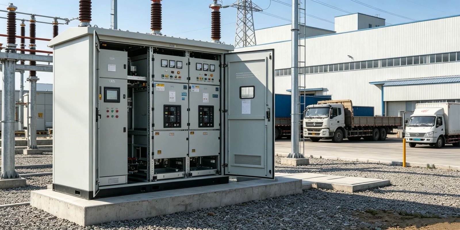 Open-door view of air insulated switchgear (AIS) panel in outdoor substation, showing circuit breakers, control meters, and components for medium voltage power distribution