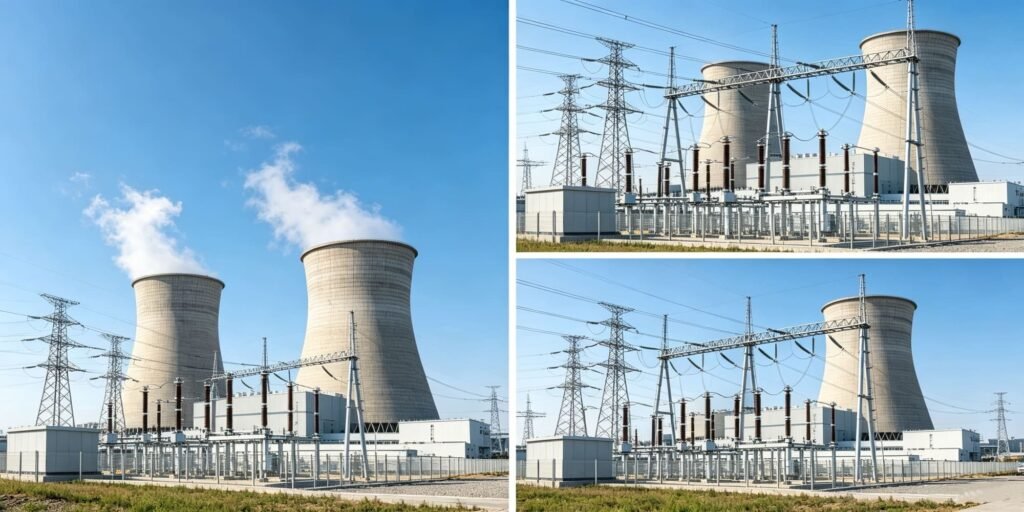 Overview of air insulated switchgear (AIS) substation at thermal power plant, with cooling towers and high voltage transmission lines in background