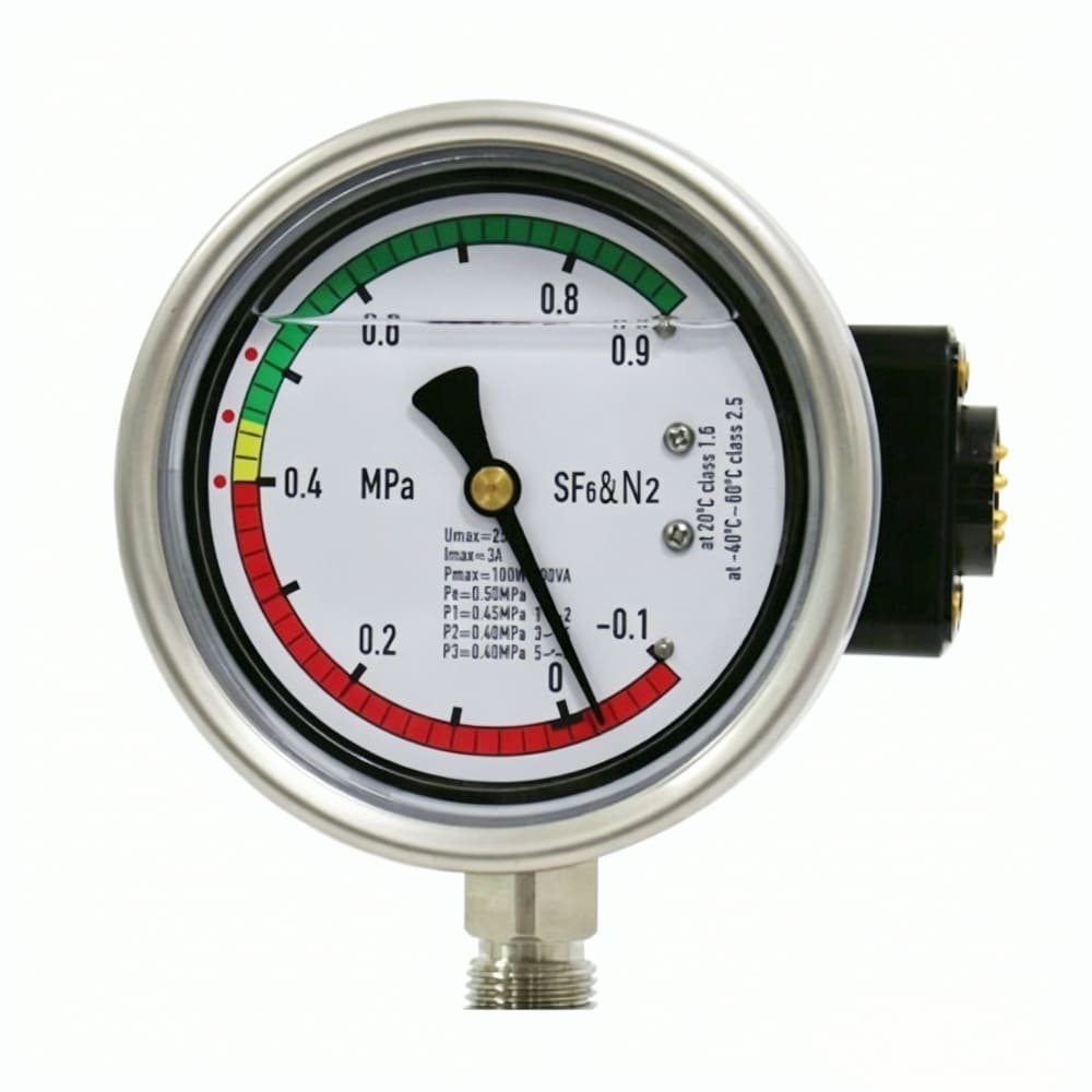 SF6 gas pressure gauge for medium voltage switchgear, with alarm contacts, scale in MPa, for SF6 and N2 gas monitoring