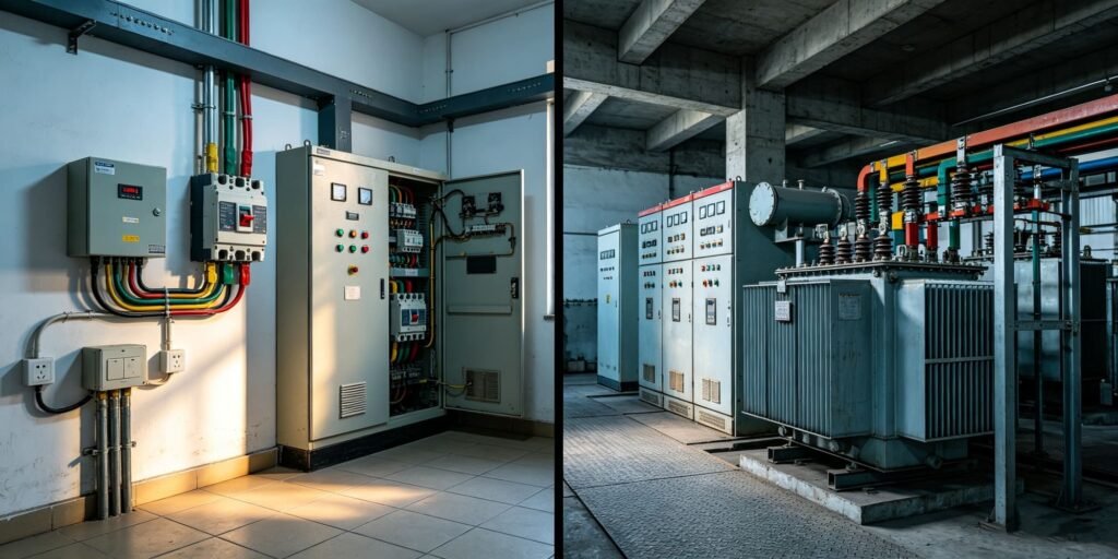Low voltage (LV) vs medium voltage (MV) switchgear application scenarios: residential & small factory LV distribution vs industrial plant & substation MV switchgear.
