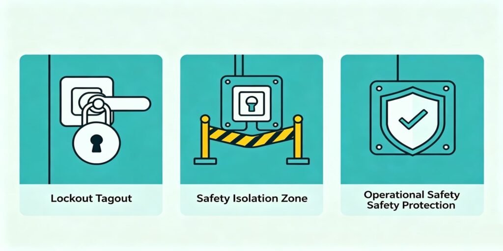 LV and MV switchgear safety measures: lockout tagout (LOTO), safety isolation, arc flash protection for electrical operation.