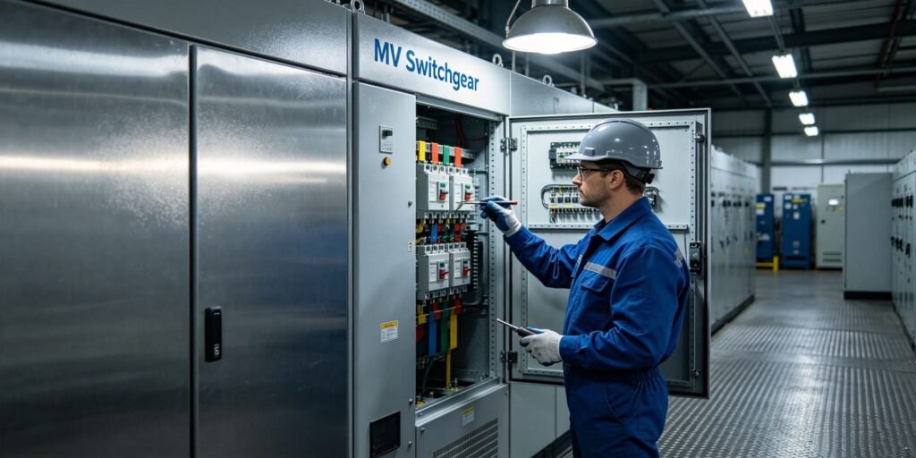 Engineer performing maintenance on medium voltage (MV) switchgear in industrial power plant