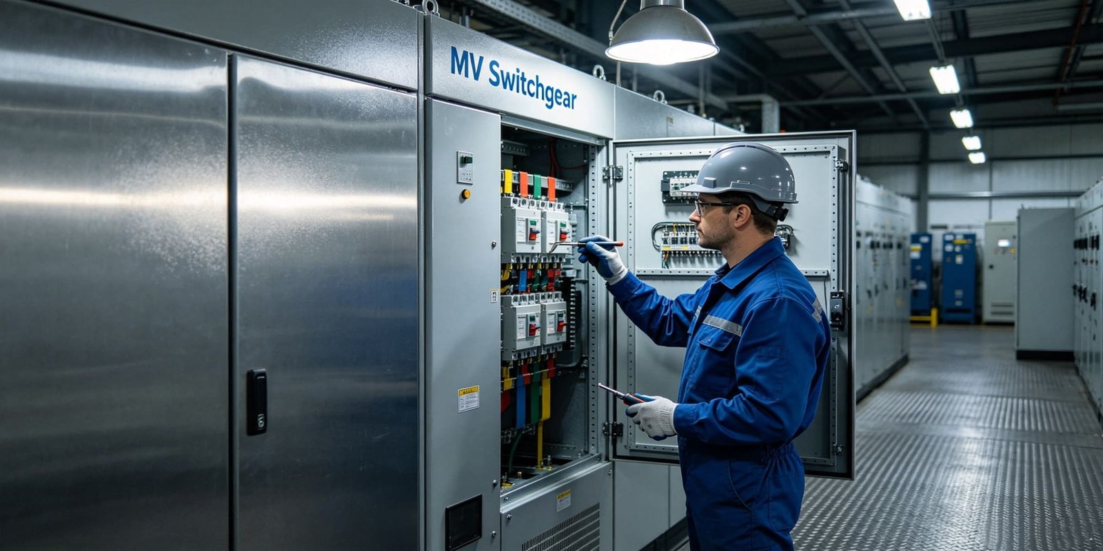 Engineer performing maintenance on medium voltage (MV) switchgear in industrial power plant