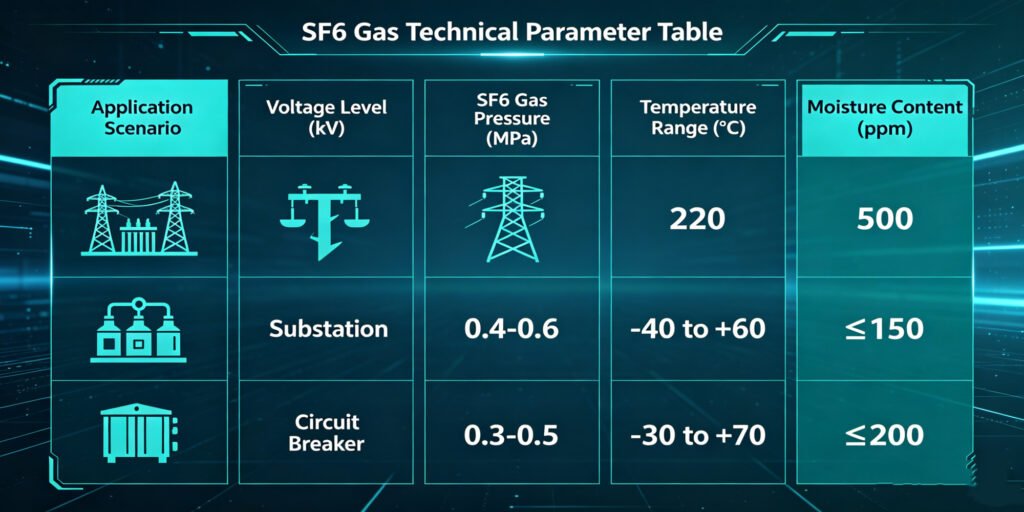 sf6 gas specs table for gis equipment