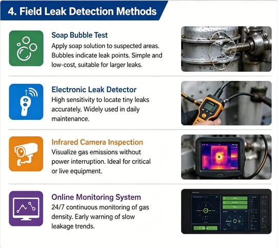 Four field SF6 gas leak detection methods used in substation maintenance: soap bubble test, portable electronic leak detector, infrared thermal camera inspection and real-time online density monitoring system