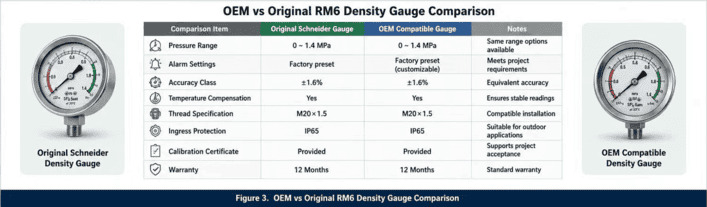 Comparison table of OEM compatible and original Schneider RM6 SF6 density gauge, comparing pressure range, accuracy, thread size IP rating, alarm settings, calibration certificate and warranty