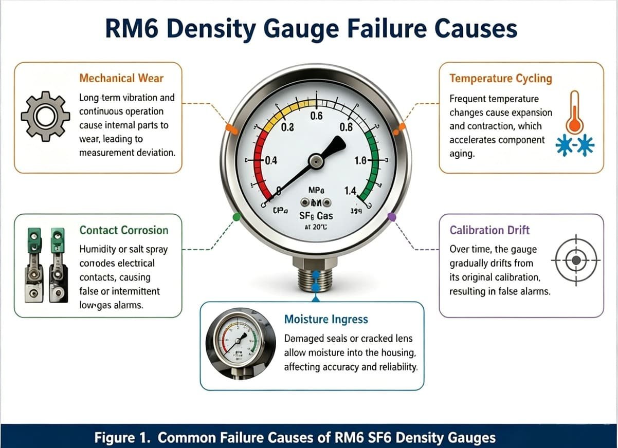 Diagram showing common failure causes of Schneider RM6 SF6 density gauge, including mechanical wear, temperature cycling, electrical contact corrosion, calibration drift and moisture ingress leading to false low-gas alarms