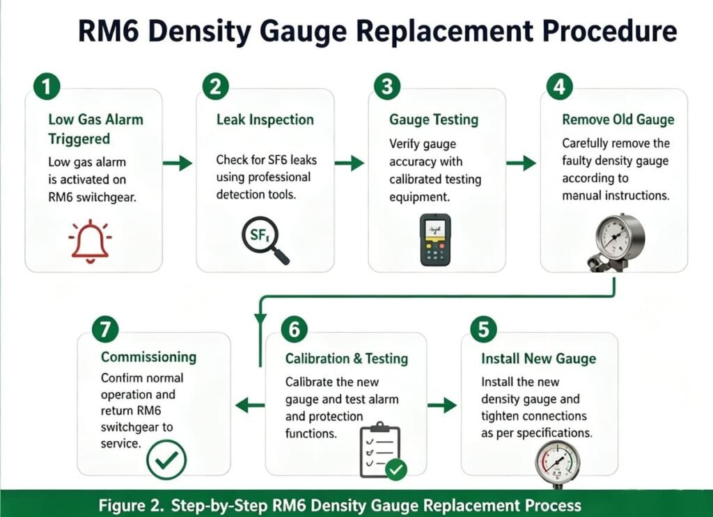 Step-by-step flowchart of Schneider RM6 24kV switchgear SF6 density gauge replacement process: alarm trigger, leak inspection, gauge testing, remove old gauge, install new gauge, calibration test, final commissioning.