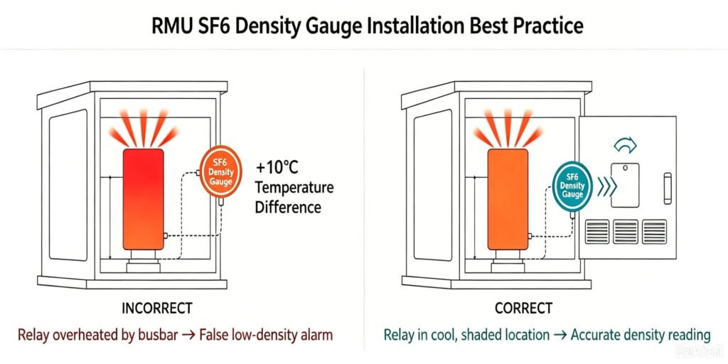RMU SF6 density gauge installation best practice diagram: incorrect mounting near hot busbar causes +10°C temperature difference and false low-density alarms, correct shaded ventilated placement delivers accurate readings