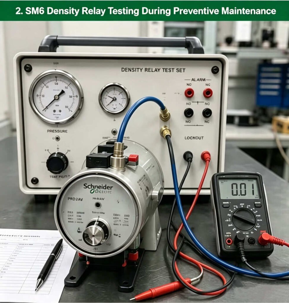 Engineer performing annual Schneider SM6 switchgear maintenance inspection