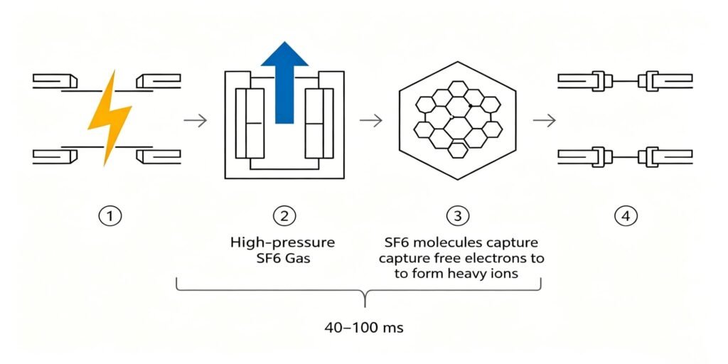 SF6 arc quenching process in 4 steps – from arc formation to extinction