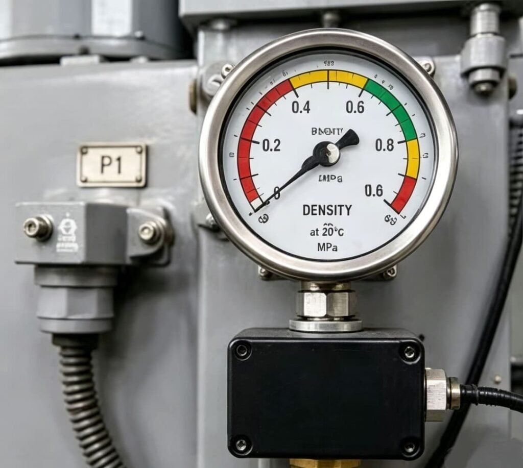 SF6 density gauge close-up installed on GIS switchgear forcalibration and density monitoring