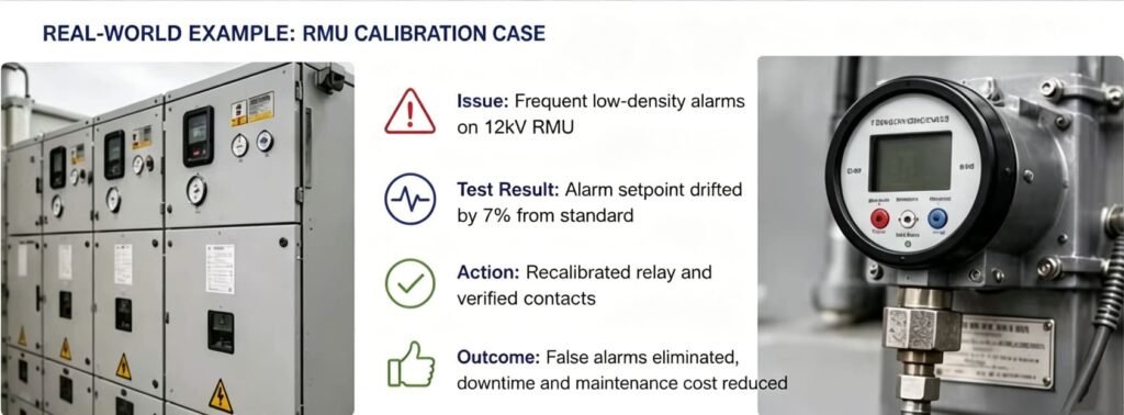 RMU SF6 density relay calibration case study showing falsealarm issue, test result, and recalibration outcome