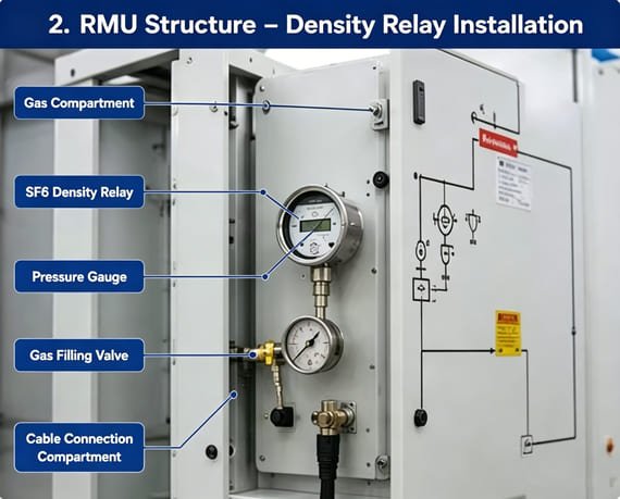 Labeled RMU ring main unit internal structure showing SF6 density relay, pressure gauge, gas filling valve and gas compartment layout