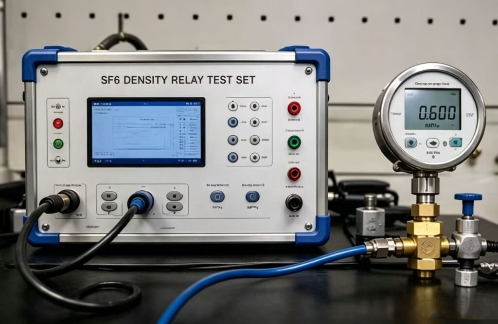 SF6 density relay test set connected to density gauge forcalibration and alarm contact testing