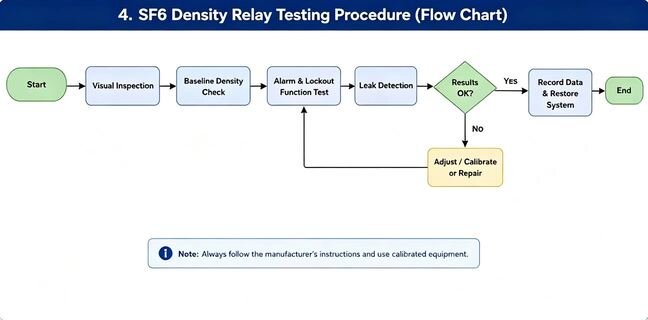 Decision flow chart for SF6 density relay testing: visual check, alarm test, leak detection, calibration and repair workflow