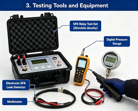 SF6 relay test set, leak detector, digital pressure gauge and multimeter tools for on-site SF6 density relay testing
