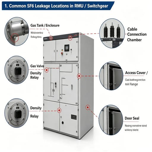 Diagram showing common SF6 gas leakage points on medium voltage RMU and gas insulated switchgear, including gas tank enclosure, density relay, gas valve, cable chamber, access flange cover and door seal