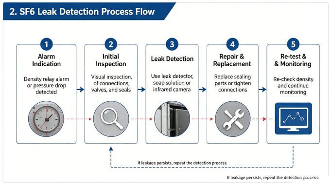 5-step SF6 gas leak detection workflow for switchgear maintenance: alarm indication, visual inspection, leak testing, seal repair and post-repair density monitoring