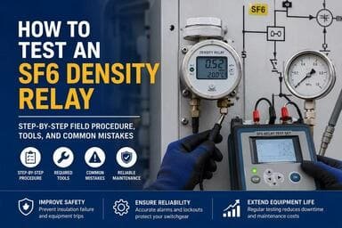 Cover banner showing SF6 density relay and SF6 relay test set for field testing procedure on RMU gas switchgear