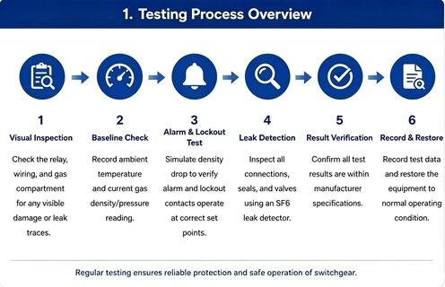 6-step SF6 density relay testing process overview including visual inspection, alarm lockout test, leak detection and result recording for RMU gas switchgear