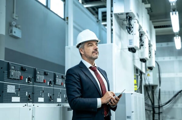 Senior electrical engineer inspecting medium voltage switchgear electric operating mechanism during preventive maintenance in indoor substation