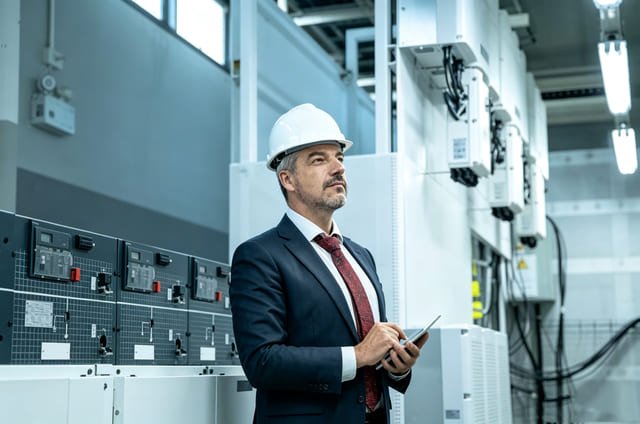 Senior electrical engineer inspecting medium voltage switchgear electric operating mechanism during preventive maintenance in indoor substation