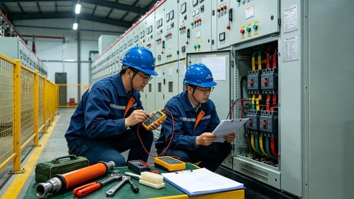 Two professional electrical engineers testing load break switch components with multimeter, on-site routine maintenance and fault inspection for medium voltage substation switchgear equipment