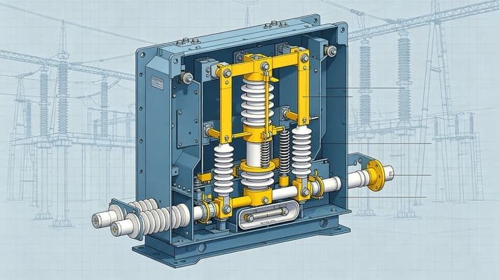 Cutaway technical diagram of medium voltage load break switch internal parts, including arc chute, insulator, operating spring, contact assembly and bushing components for ring main unit maintenance