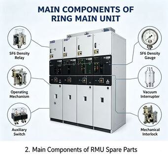 Ring Main Unit structure diagram marking SF6 density relay, operating mechanism and other core spare parts