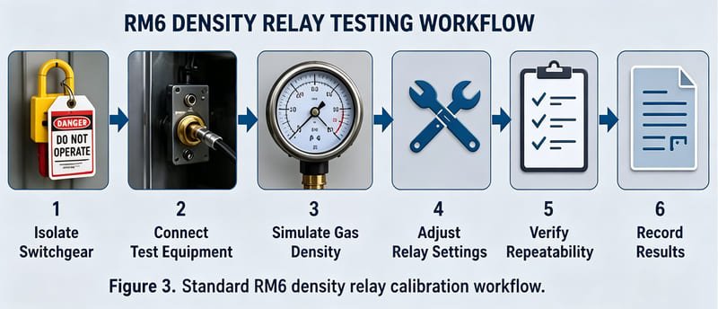 Step-by-step RM6 density relay testing workflow, includingswitchgear isolation, gas density simulation, relayadjustment, repeatability verification, and result recording.