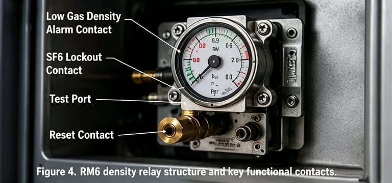 Close-up of an RM6 SF6 density relay showing the alarmcontact, lockout contact, reset contact, and test port usedduring calibration and maintenance.