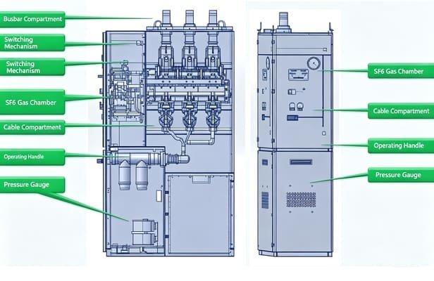 RM6 switchgear internal compartment structure diagram used for RM6 Preventive Maintenance and component checking guide
