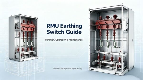 Blog cover for RMU Earthing Switch Guide, real internal structure of 11kV SF6 ring main unit cabinet with actual load break switch & earthing assembly, medium voltage switchgear function operation and maintenance technical banner