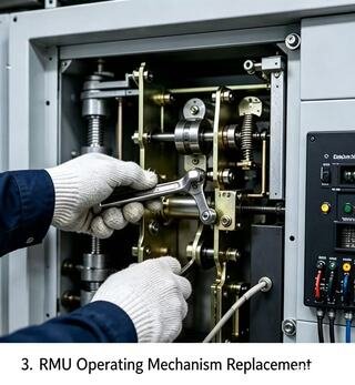 Technician replacing RMU operating mechanism during medium voltage switchgear on-site maintenance
