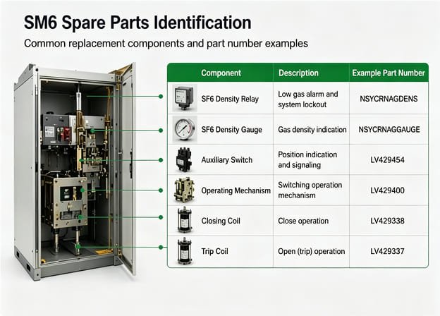 Schneider SM6 spare parts list showing part numbers and replacement components for medium voltage switchgear