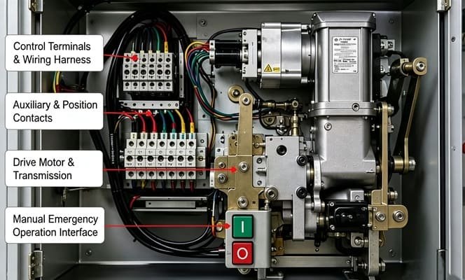 Labelled component view of medium‑voltage RMU motorized operating mechanism, showing drive motor, control terminals, auxiliary contacts and manual emergency operation interface