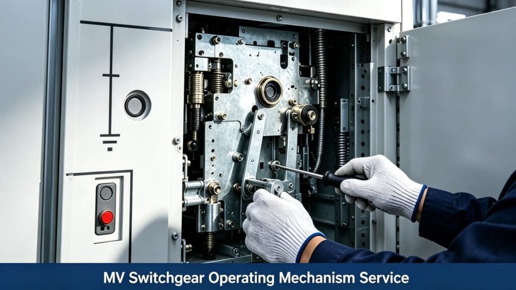 Field service technician replacing operating mechanism for medium‑voltage ring main unit switchgear