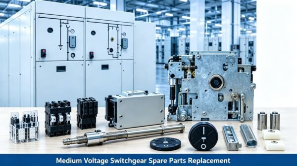 Medium‑voltage RMU ring main unit spare parts and operating mechanism components on workshop workbench