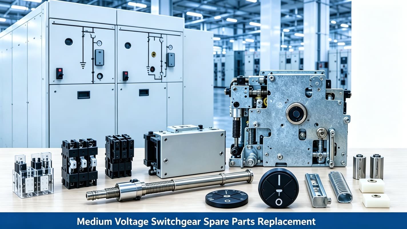 Medium‑voltage RMU ring main unit spare parts and operating mechanism components on workshop workbench