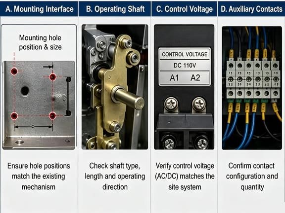 Four critical compatibility verification points for RMU mechanism replacement: mounting interface, operating shaft, control voltage and auxiliary contacts