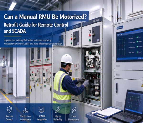 Blog cover: Can a Manual RMU Be Motorized? Retrofit guide for SF6 ring main unit remote control and SCADA integration, electrician working on motorized RMU cabinet