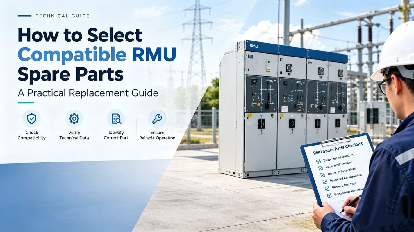 Technical guide cover: How to select compatible RMU spare parts, field engineer inspecting ring main unit switchgear at substation