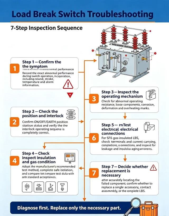 7-step load break switch troubleshooting inspection sequence for MV switchgear fault diagnosis