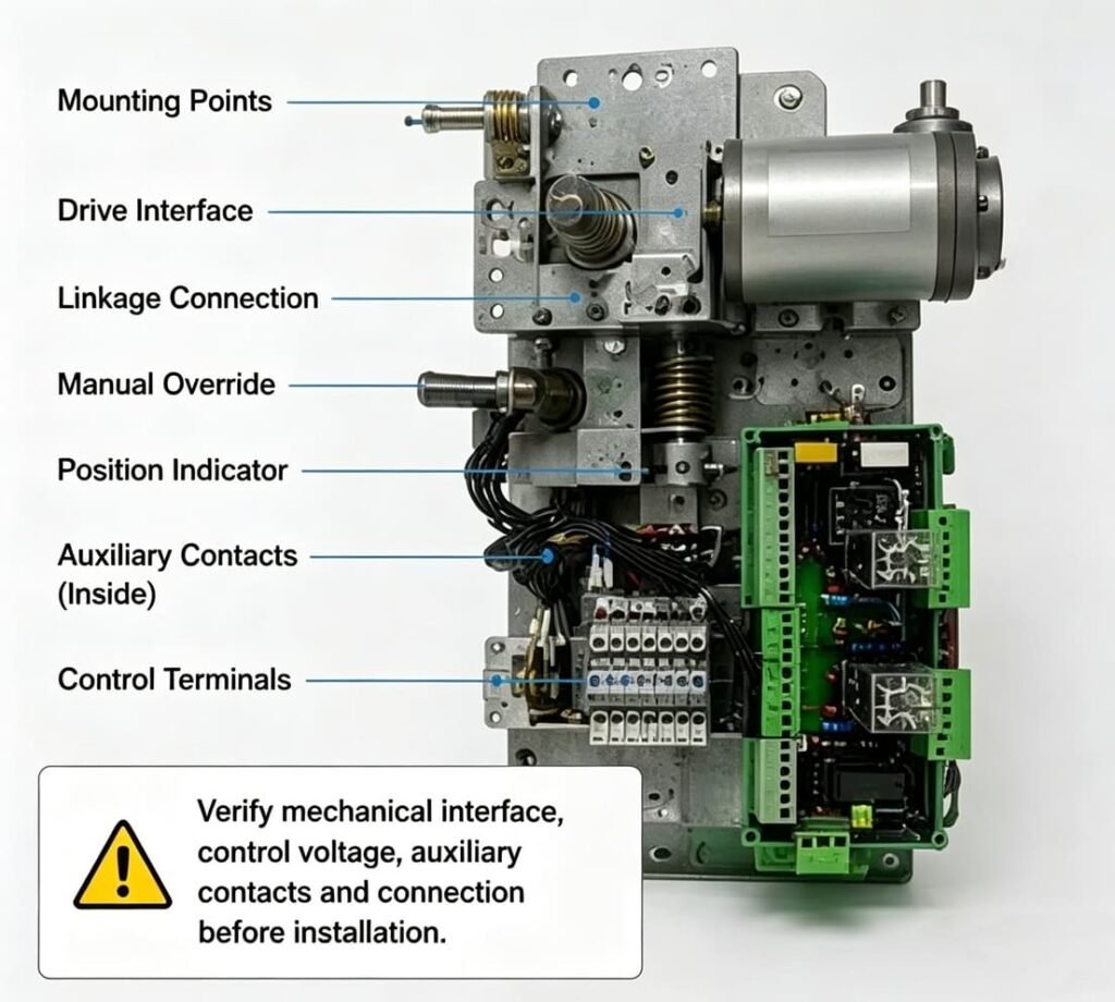 Labeled diagram of RMU motorized operating mechanism, showing manual override, auxiliary contacts and control terminals for maintenance
